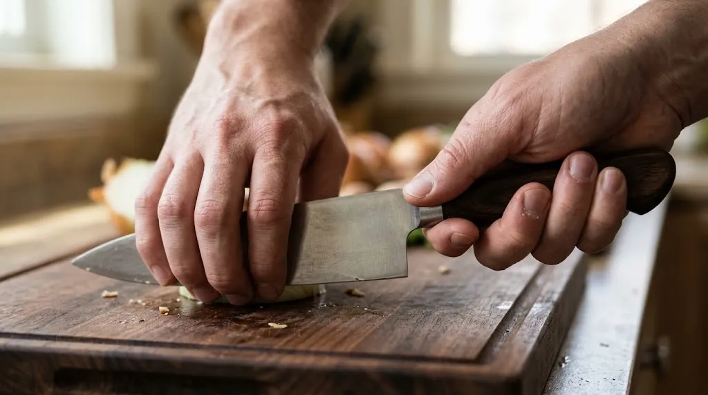 Close up of hands demonstrating pinch grip and claw hand for a pull cut.
