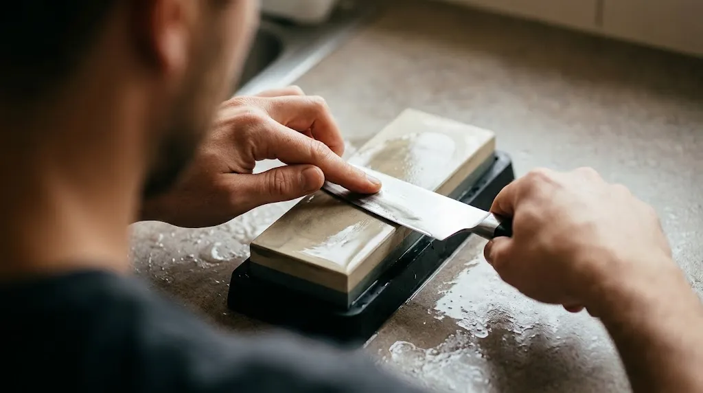 Close-up of hands sharpening a chef knife on a whetstone following angle steps.