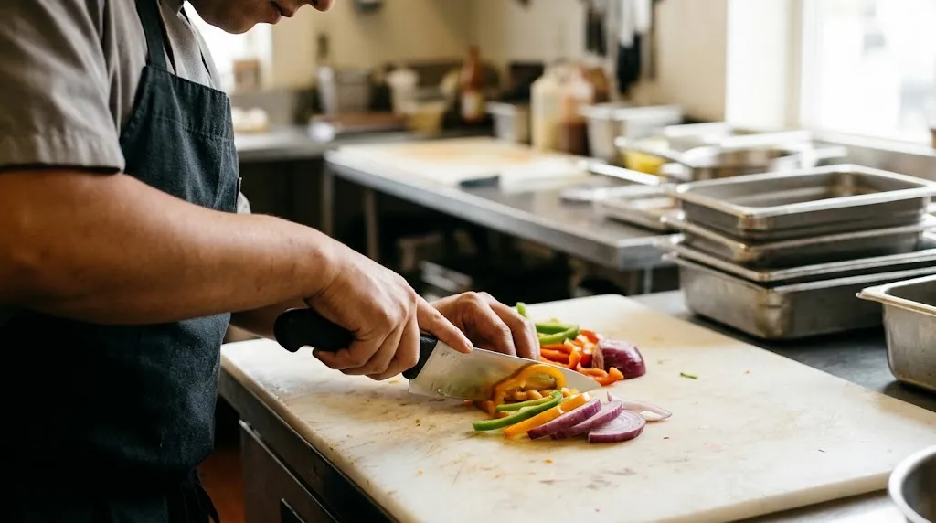 Chef using a knife with a synthetic polymer handle in a kitchen.