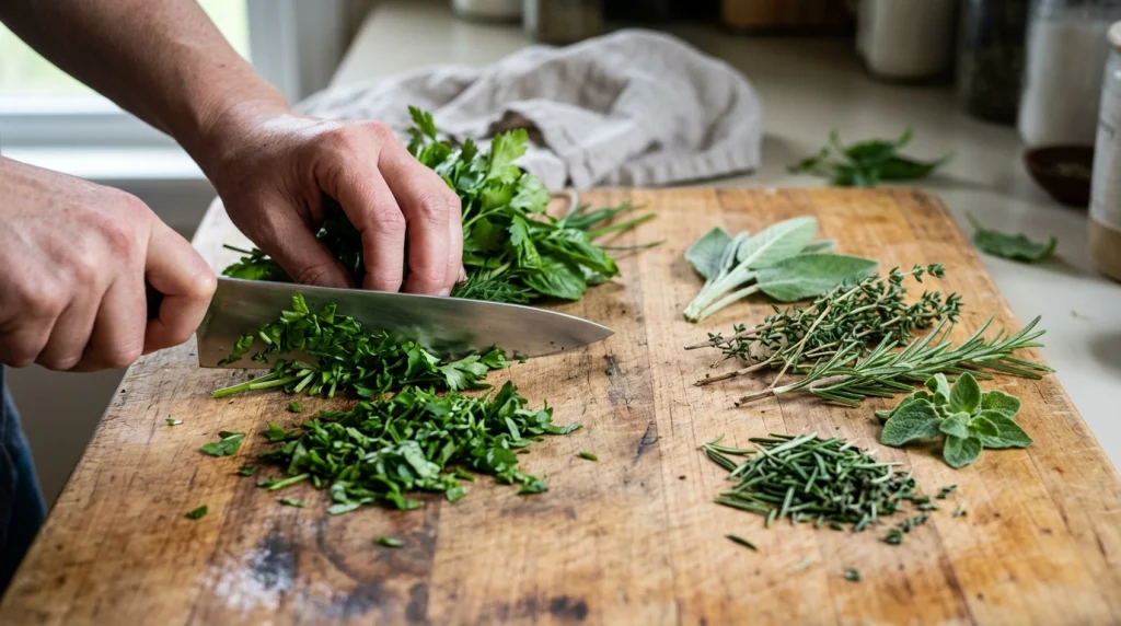 Chef knife cutting tender herbs beside stripped rosemary and thyme leaves