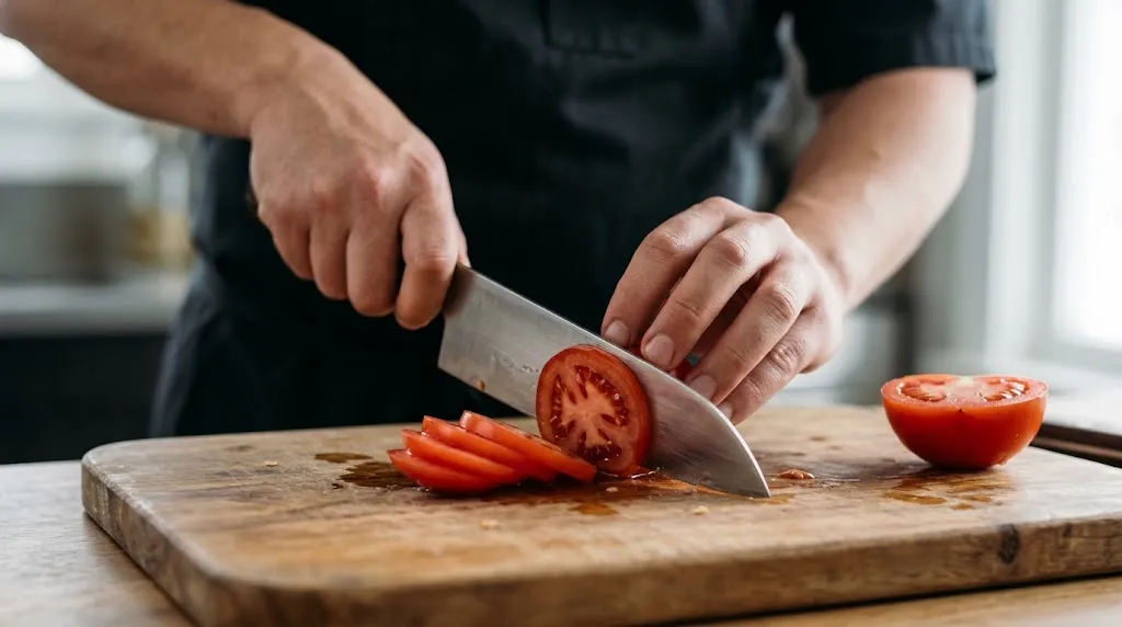 Japanese santoku knife with a 15 degree angle cutting vegetables precisely.