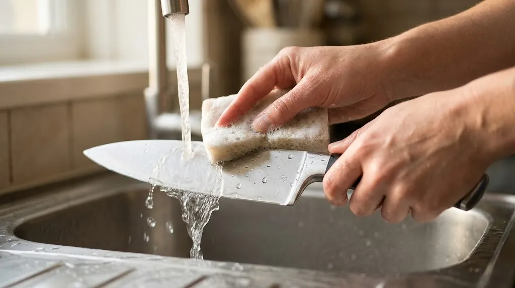 Hands washing a stainless steel chef knife with warm water in a kitchen sink.