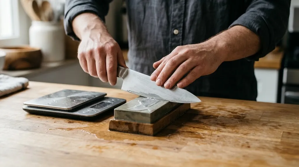 Close-up of fingers applying downward pressure on a chef knife blade across a whetstone.