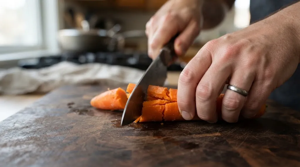 Chef knife wedging and splitting a carrot due to thick shoulders behind the edge.