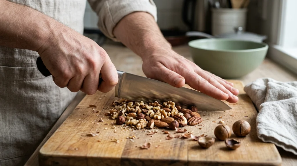 Cook using an anchored rocking chef knife technique to chop mixed nuts on wood