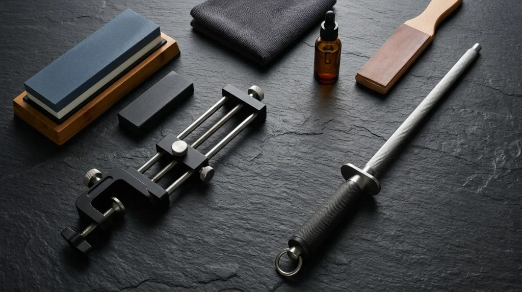 Flat lay of knife sharpening tools on a dark workbench surface.
