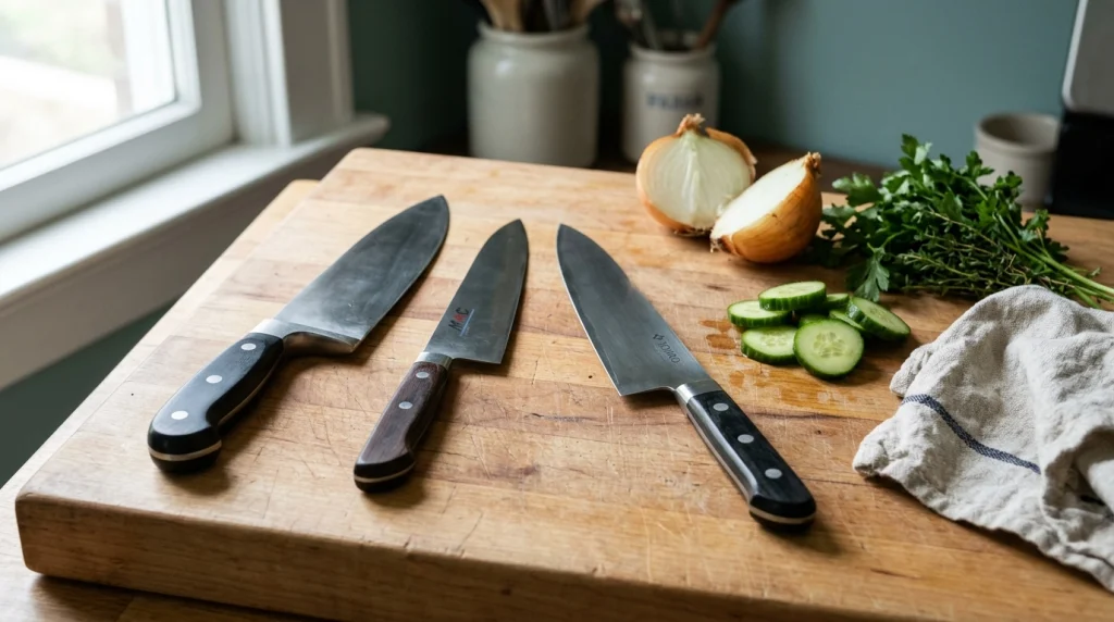 Western vs Japanese chef knife models including Wüsthof Classic, MAC Professional MTH-80, and Tojiro DP Gyuto.