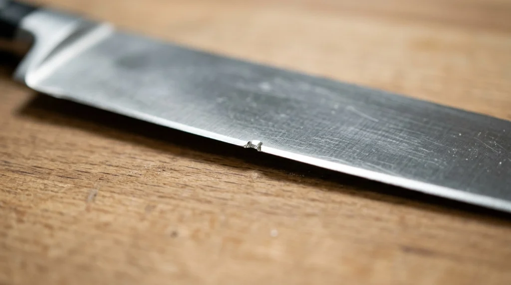 Macro photo showing a small chip missing from a stainless steel chef knife edge.