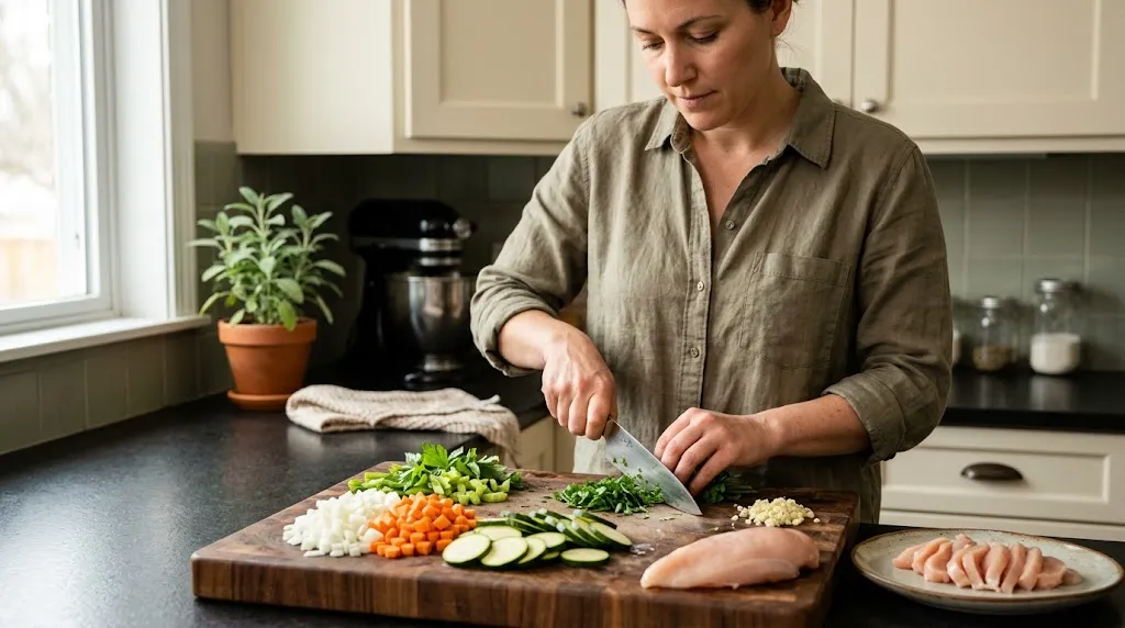 Cook using a chef’s knife to chop, slice, dice, and mince ingredients on a wooden board
