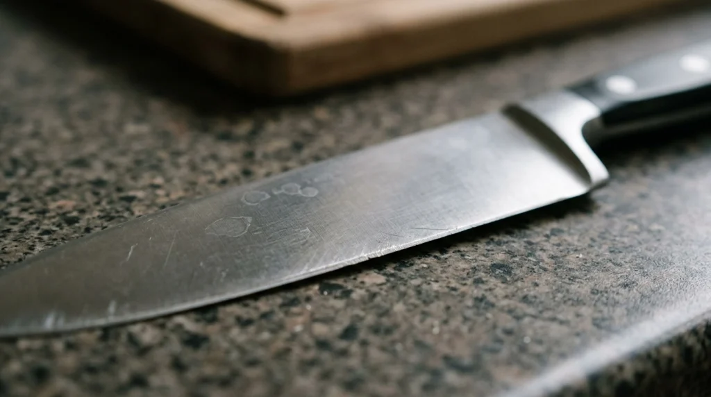 Macro shot of a chef knife blade showing surface discoloration and water spots.