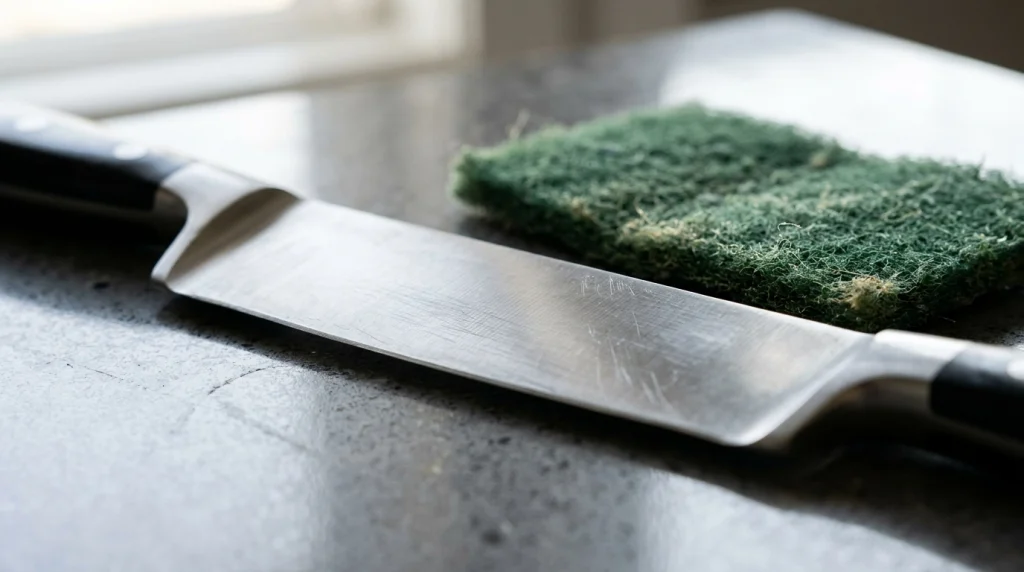 Close up of a chef knife blade next to an abrasive kitchen scouring pad.