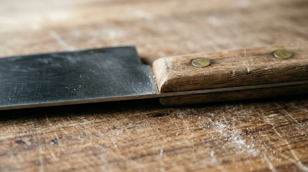 Detailed view of a chef knife handle tang and scales showing separation.