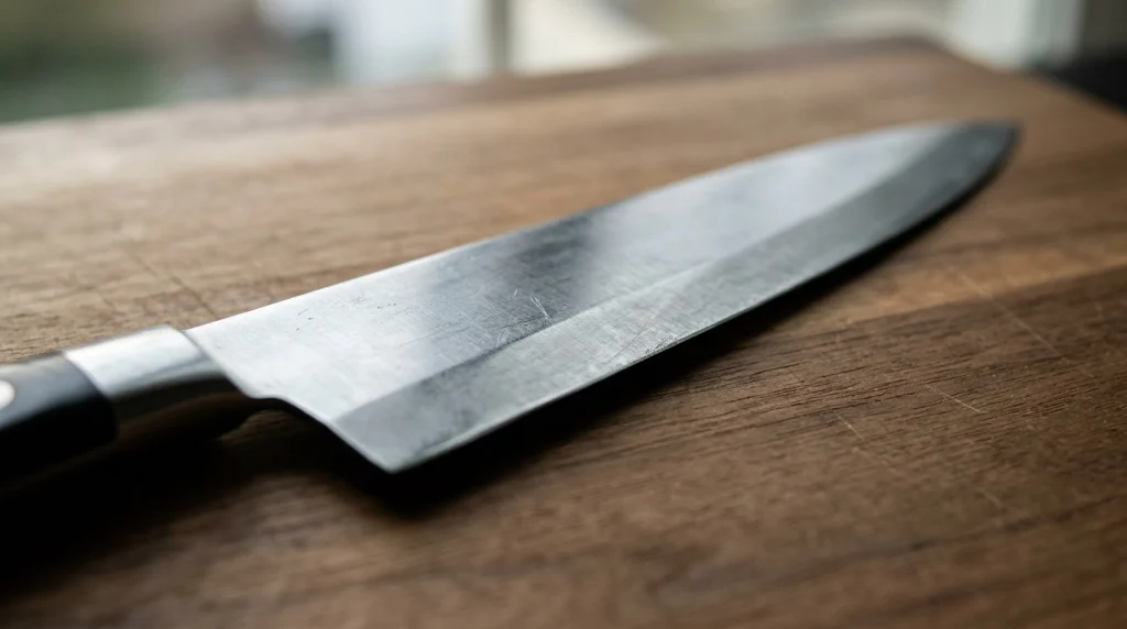 Close-up of a chef knife blade showing inconsistent bevel geometry.