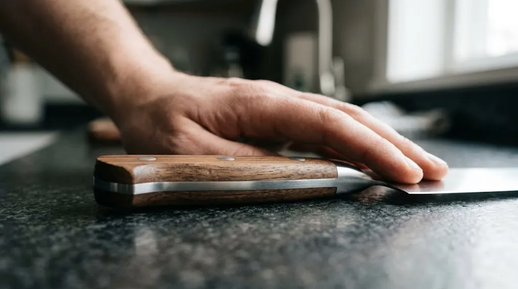 Close-up of a knife handle illustrating full tang metal construction and rivets.