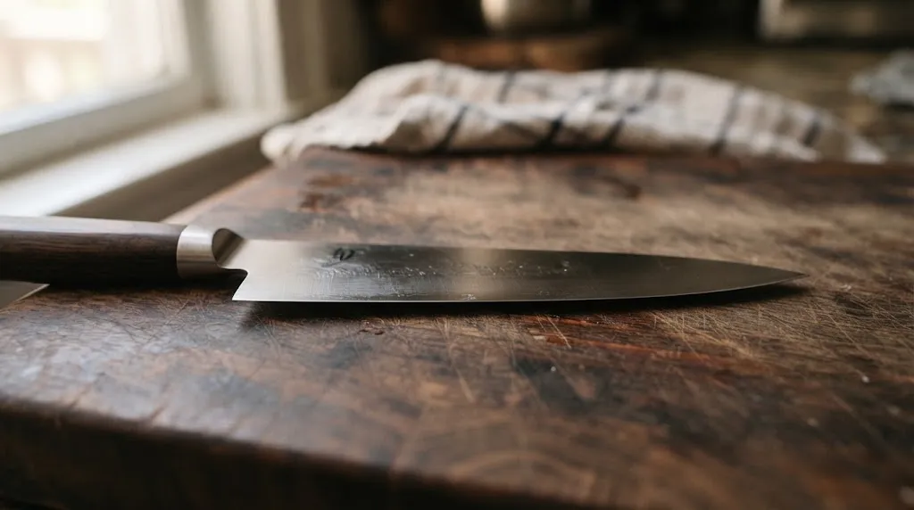 Side profile of a professional chef knife on a cutting board showing blade geometry.