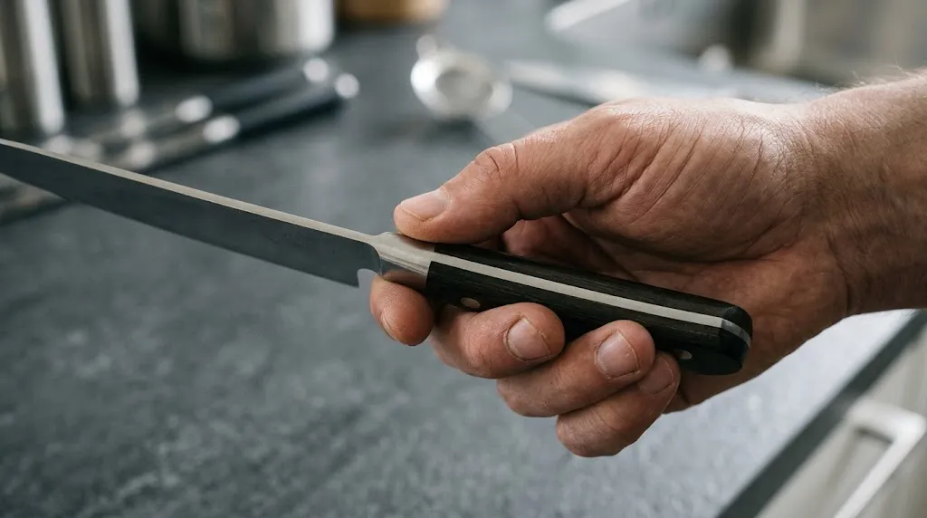 Close-up of hands inspecting a kitchen knife tang construction on a countertop.