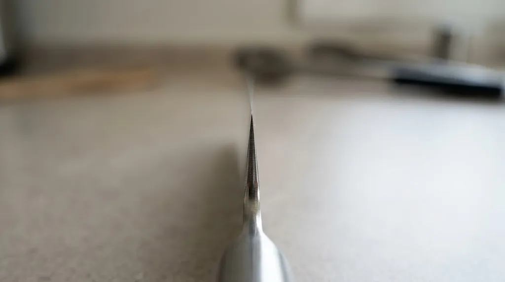Macro photograph of a kitchen knife blade edge under natural window light.