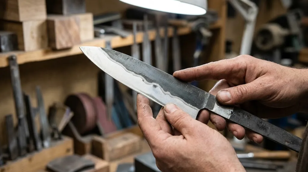 Macro photograph of laminated chef knife core steel and cladding.