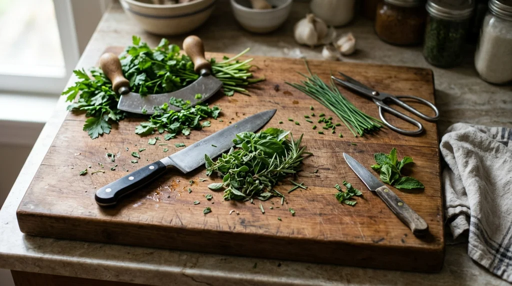 Chef knife beside kitchen shears, mezzaluna, and small knife for different fresh herb preparation tasks.