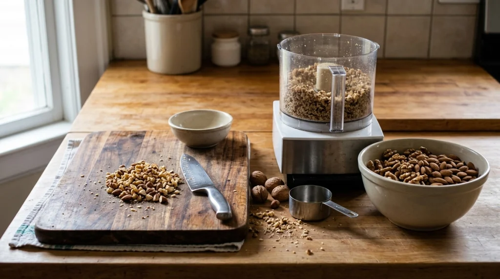 Chef knife with a small nut batch beside a food processor prepared for several cups
