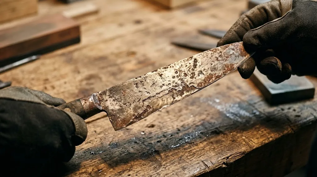 Close-up of severe corrosion and pitting on a knife blade indicating replacement.
