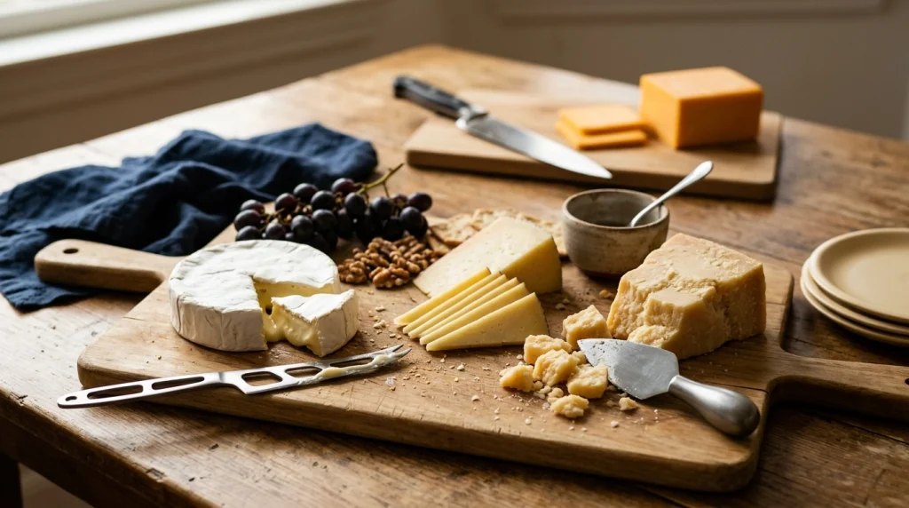 Specialty cheese knives used with soft, firm, and hard cheeses on a serving board