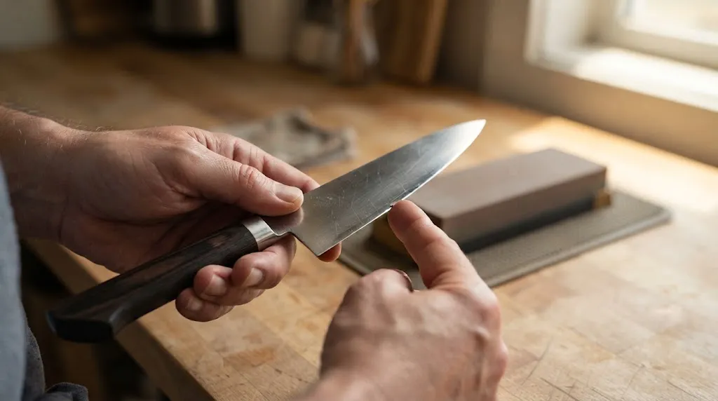 Hands inspecting a chef knife blade under natural lighting