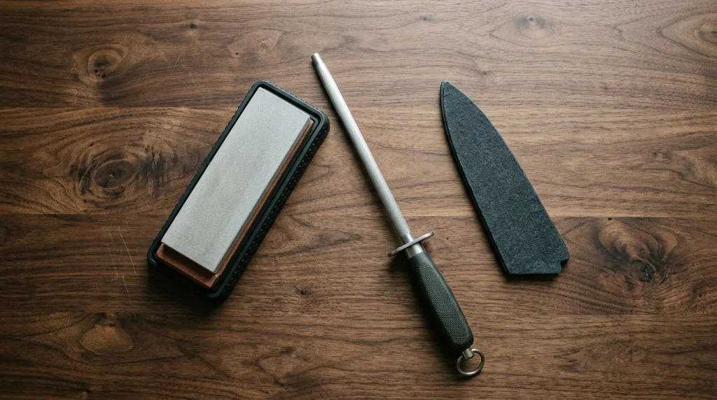 Flat lay of whetstone, honing steel, and blade guard on wooden countertop.