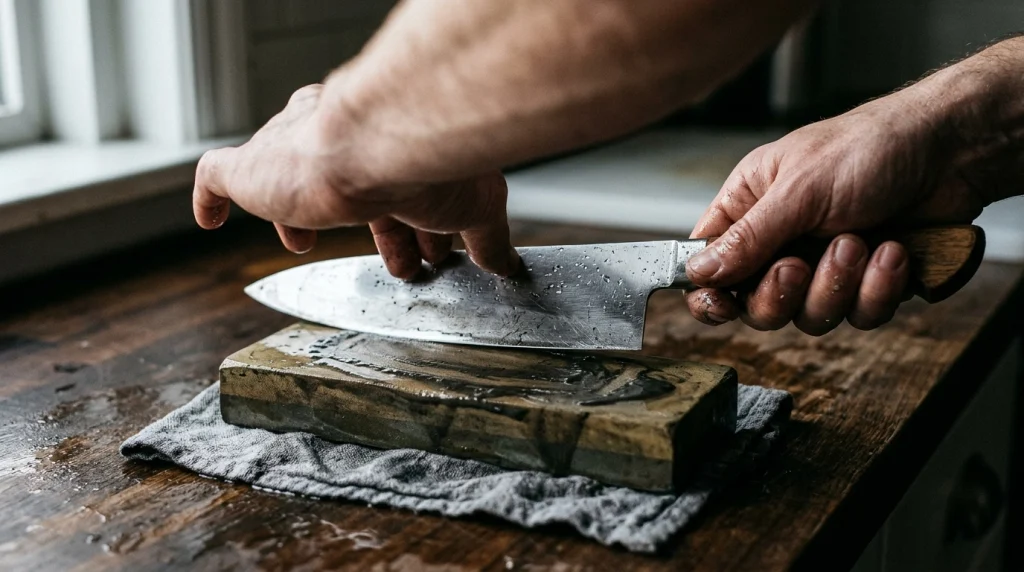 Action shot demonstrating common knife sharpening mistakes to avoid.