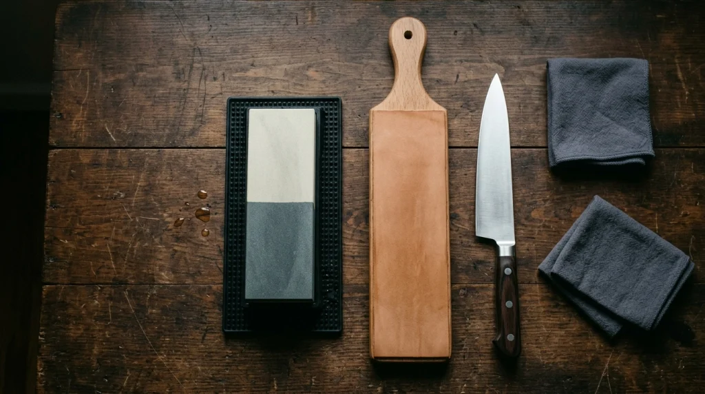 Flat lay of knife sharpening tools including a whetstone and leather strop.