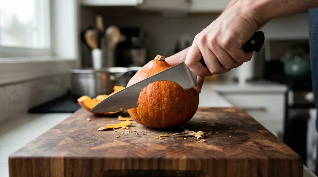 Chef knife cutting hard vegetables on a wooden cutting board.