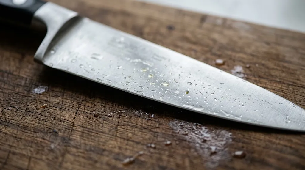 Close up of water drops and residue on a kitchen knife blade.
