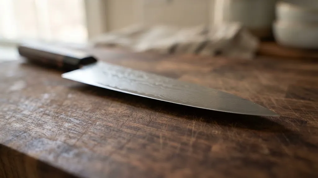 Macro photography of a chef knife edge resting on wood.