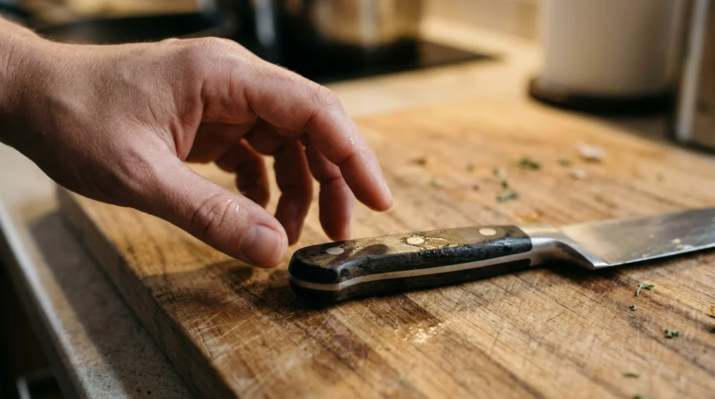 Close-up of a hand near a chef knife handle showing grease and moisture.