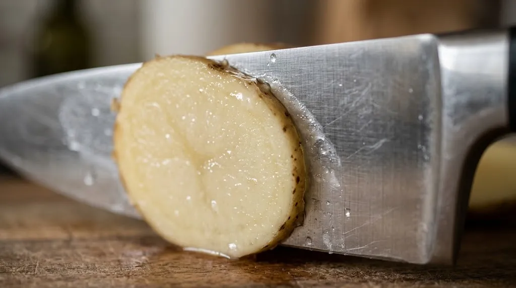Macro shot of a moist potato slice sticking to a chef knife blade.
