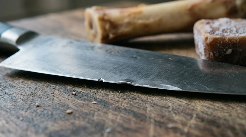 Macro view of a chef knife edge showing small chips, rolling, and dulling from hard-food misuse