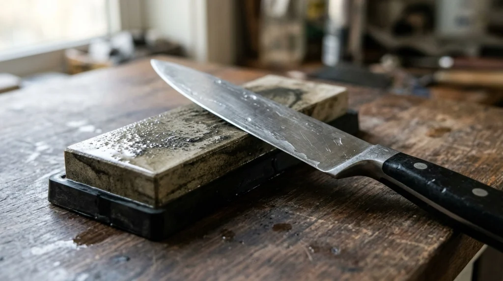 Close-up of chef knife on sharpening stone highlighting edge alignment.