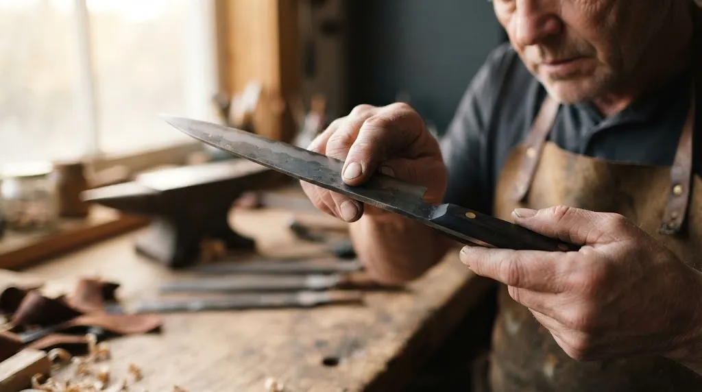 Craftsperson inspecting the spine and thickness of a forged chef knife.