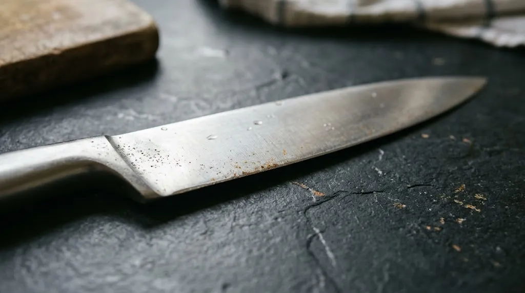 Macro view of surface spots on a stainless steel knife blade near the bolster.