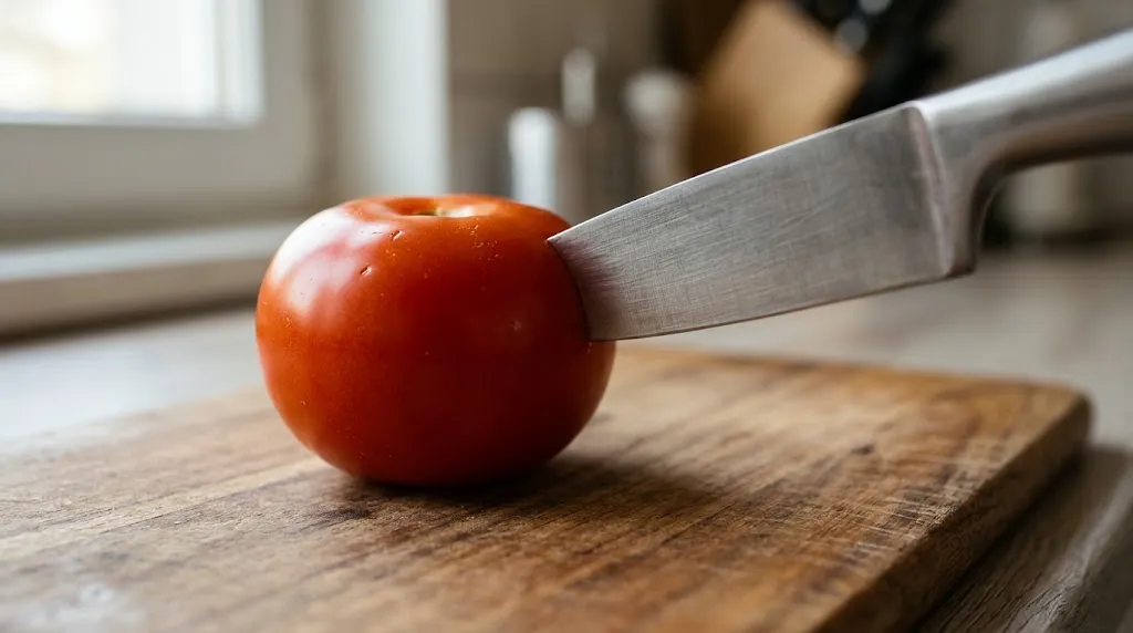 Close-up of a knife blade resting on a ripe tomato skin.