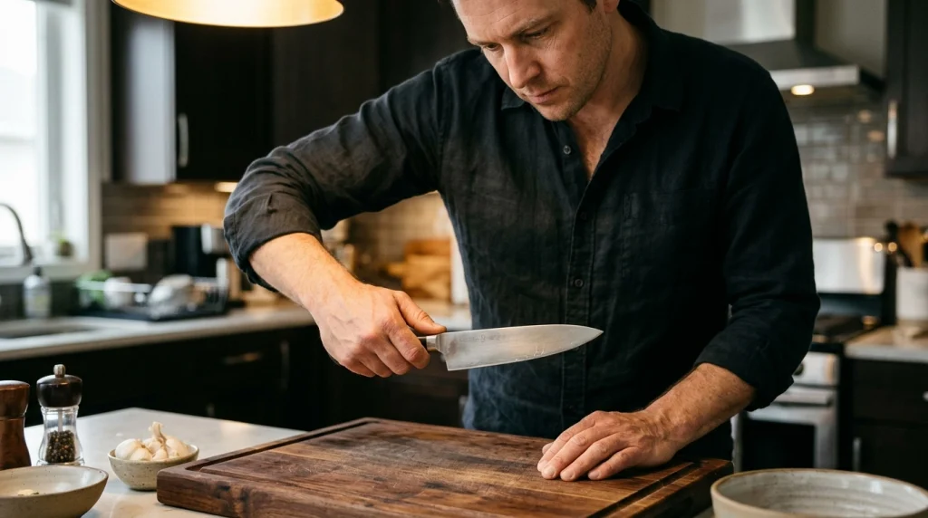 Cook examining a chef knife blade under bright kitchen lighting.